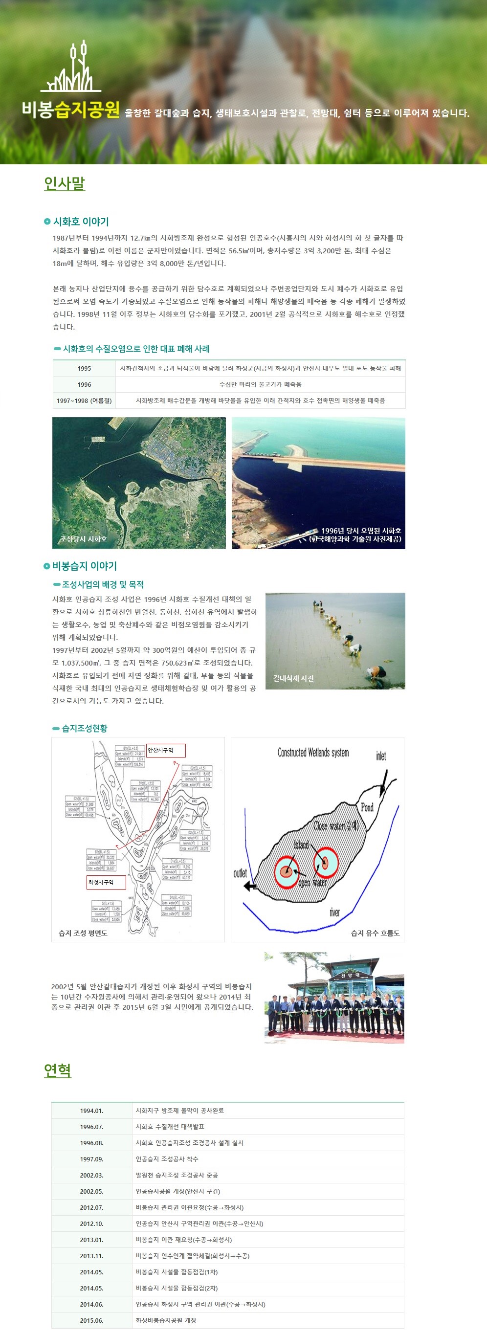 비봉습지공원 울창한 갈대숲과 습지, 생태보호시설과 관찰로, 전망대, 쉼터 등으로 이루어져 있습니다. 인사말 시화호 이야기 1987년부터 1994년까지 12.7㎞의 시화방조제 완성으로 형성된 인공호수(시흥시의 시화 화성시의 화 첫 글자를 따 시화호라 불림)로 이전 이름은 군자만이었습니다. 면적은 56.5㎦이며, 총저수량은 3억 3,200만 톤, 최대 수심은 18m에 달하며, 해수 유입량은 3억 8,000만 톤/년입니다. 본래 농지나 산업단지에 용수를 공급하기 위한 담수호로 계획되었으나 주변 공업단지와 도시 폐수가 시화호로 유입됨으로써 오염 속도가 가증되었고 수질오염으로 인해 농작물의 피해나 해양생물의 떼죽음 등 각종 폐해가 발생하였습니다. 1998년 11월 이후 정부는 시화호의 담수화를 포기했고, 2001년 2월 공식적으로 시화호를 해수호로 인정했습니다. 시화호의 수질오염으로 인한 대표 폐해 사례 1995:시화간척지의 소금과 퇴적물이 바람에 날려 화성군(지금의 화성시)과 안산시 대부도 일대 포도 농작물 피해 1996:수십만 마리의 물고기 떼죽음 1997~1998(여름철):시화방조제 배수갑문을 개방해 바닷물을 유입한 이래 간척지와 호수 접촉면의 해양생물 떼죽음 조성당시 시화호 1996년 당시 오염된 시화호(한국해양과학 기술원 사진제공) 비봉습지 이야기 조성사업의 배경 및 목적 시화호 인공습지 조성 사업은 1996년 시화호 수질개선 대책의 일환으로 시화호 상류하천의 반월천, 동화천, 삼화천 유역에서 발생하는 생활오수, 농업 및 축산폐수와 같은 비점오염원을 감소시키기 위해 계획되었습니다. 1997년 2002년 5월까지 약 300억원의 예산이 투입되어 총 규모 1,037,500㎡, 그 중 습지 면적은 750,623㎡로 조성되었습니다. 시화호로 유입되기 전에 자연 정화를 위해 갈대, 부들 등의 식물을 식재한 국내 최대의 인공습지로 생태체험학습장 및 여가 활용의 공간으로서의 기능도 가지고 있습니다. 습지조성현황 습지 조성 평면도 습지 유수 흐름도 2002년 5월 안산갈대습지가 개장된 이후 화성시 구역의 비봉습지는 10년간 수자원공사에 의해서 관리·운영되어 왔으나 2014년 최종으로 관리권 이관 후 2015년 6월 3일 시민에게 공개되었습니다. 연혁 1994.01. 시화지구 방조제 물막이 공사완료 1996.07. 시화호 수질개선 대책발표 1996.08. 시화호 인공습지조성 조경공사 설계 실시 1997.09. 인공습지 조성공사 착수 2002.03. 발원천 습지조성 조경공사 준공 2002.05. 인공습지공원 개장(안산시 구간) 2012.07. 비봉습지 관리권 이관요청(수공→화성시) 2012.10. 인공습지 안산시 구역관리권 이관(수공→안산시) 2013.01. 비봉습지 이관 재요청(수공→화성시) 2013.11. 비봉습지 인수인계 협약체결(화성시→수공) 2014.05. 비봉습지 시설물 합동점검(1차) 2014.05. 비봉습지 시설물 합동점검(2차) 2014.06. 인공습지 화성시 구역 관리권 이관(수공→화성시) 2015.06. 화성비봉습지공원 개장